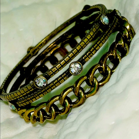 Vintage RJ Graziano brass bangle bracelets with Crystals 7 1/2 to 8" - Picture 1 of 5